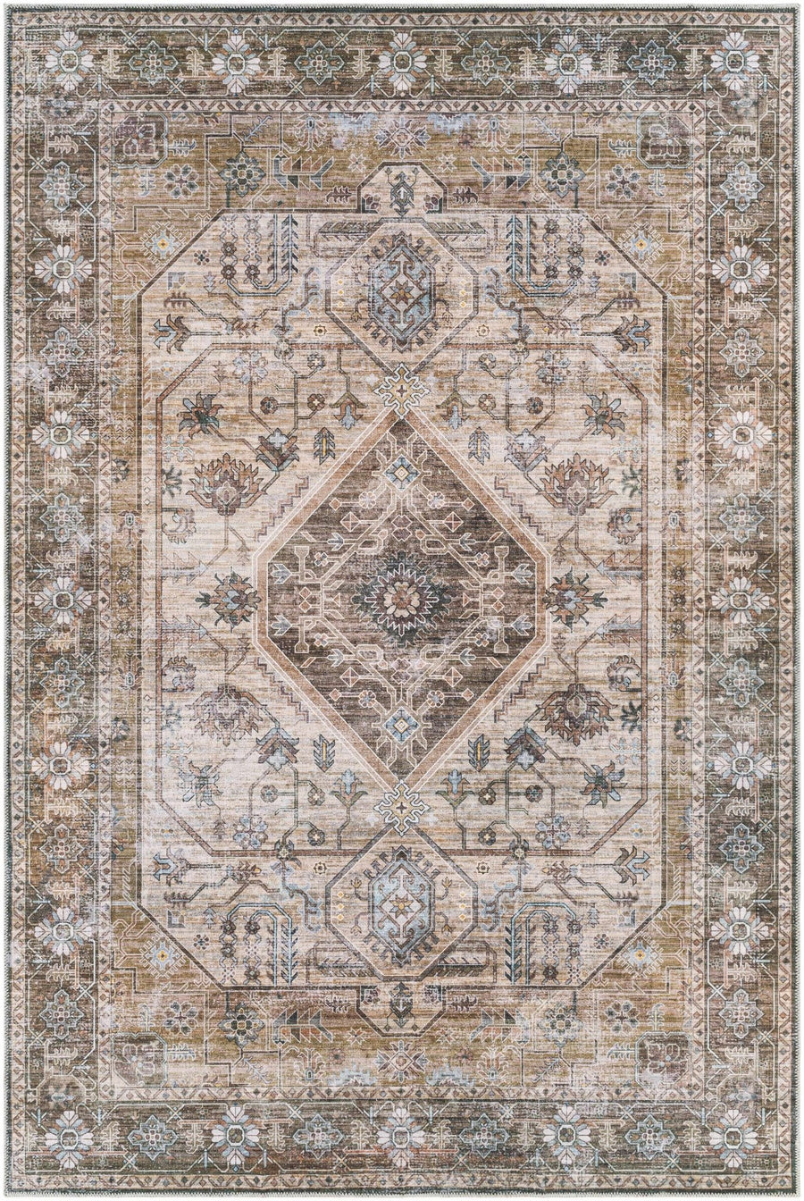 Ivory, Olive and Brown Vintage Style Traditional Floral washable Area Rug - The Rug Decor