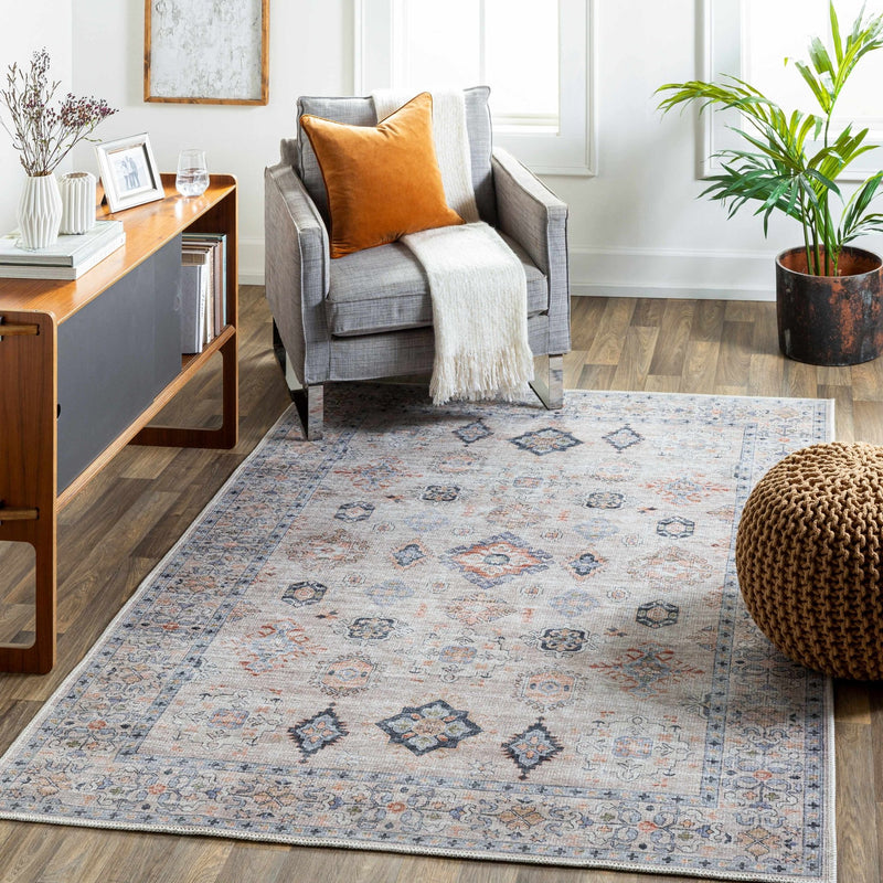 Ivory, Rust and Blue Machine Woven Traditional Design Machine Washable Rug - The Rug Decor