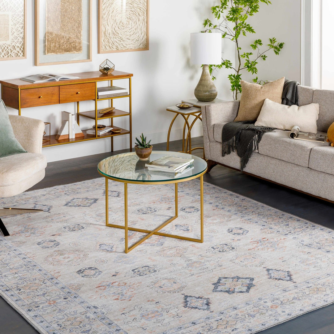 Ivory, Rust and Blue Machine Woven Traditional Design Machine Washable Rug - The Rug Decor