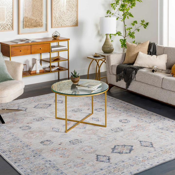Ivory, Rust and Blue Machine Woven Traditional Design Machine Washable Rug - The Rug Decor