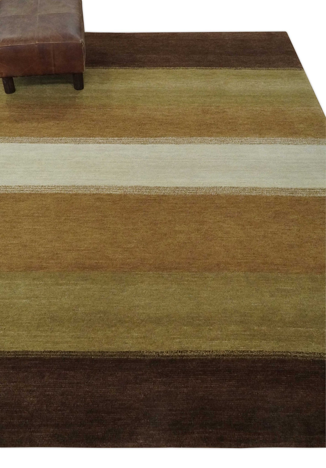 Ivory, Rust, Olive and Brown Modern Geometrical Stripes Hand knotted 5.6x6.6 wool Area Rug - The Rug Decor