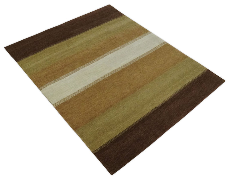 Ivory, Rust, Olive and Brown Modern Geometrical Stripes Hand knotted 5.6x6.6 wool Area Rug - The Rug Decor