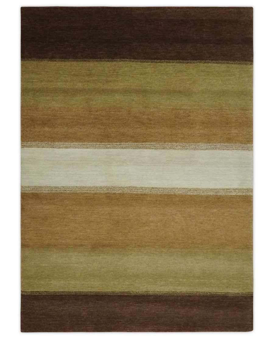 Ivory, Rust, Olive and Brown Modern Geometrical Stripes Hand knotted 5.6x6.6 wool Area Rug - The Rug Decor