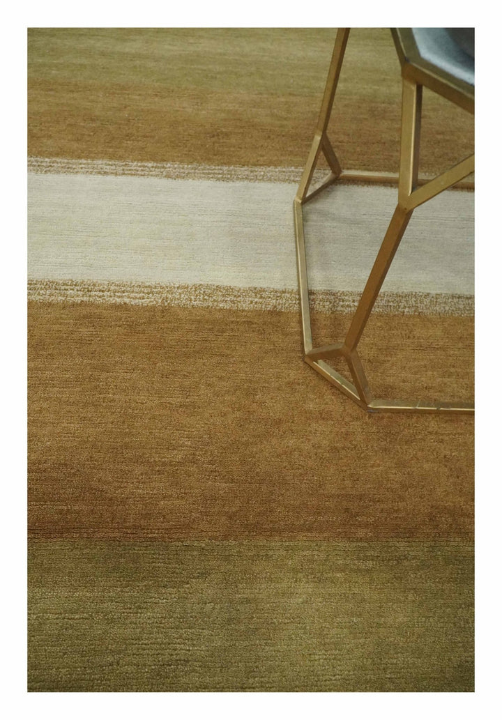 Ivory, Rust, Olive and Brown Modern Geometrical Stripes Hand knotted 5.6x6.6 wool Area Rug - The Rug Decor