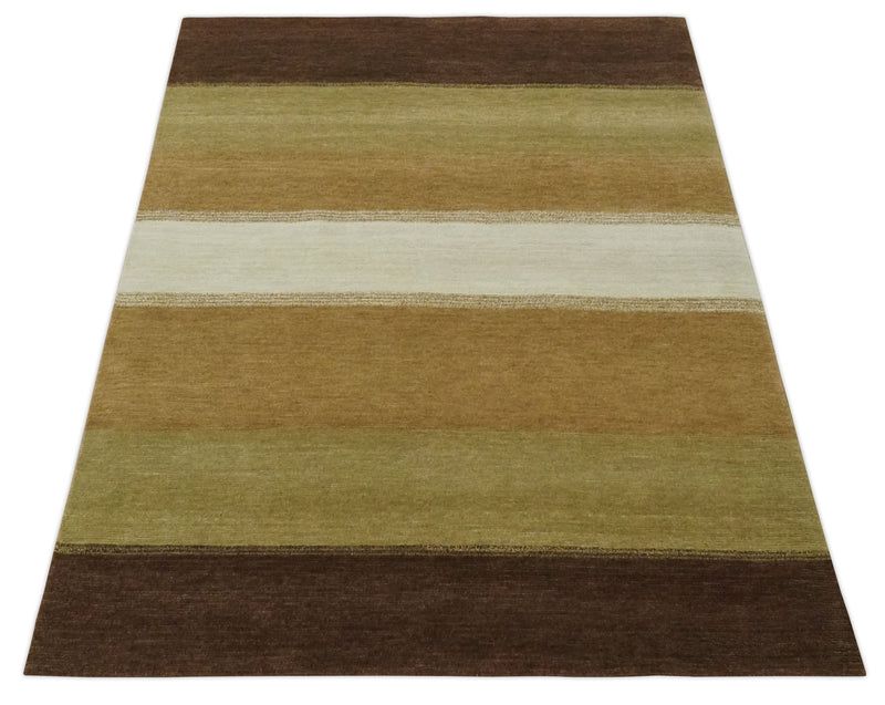 Ivory, Rust, Olive and Brown Modern Geometrical Stripes Hand knotted 5.6x6.6 wool Area Rug - The Rug Decor