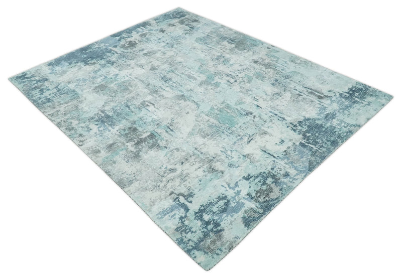 Ivory, Silver and Teal Hand Carved Modern Abstract Multi Size Hand Loomed Blended wool and Art silk Area Rug - The Rug Decor