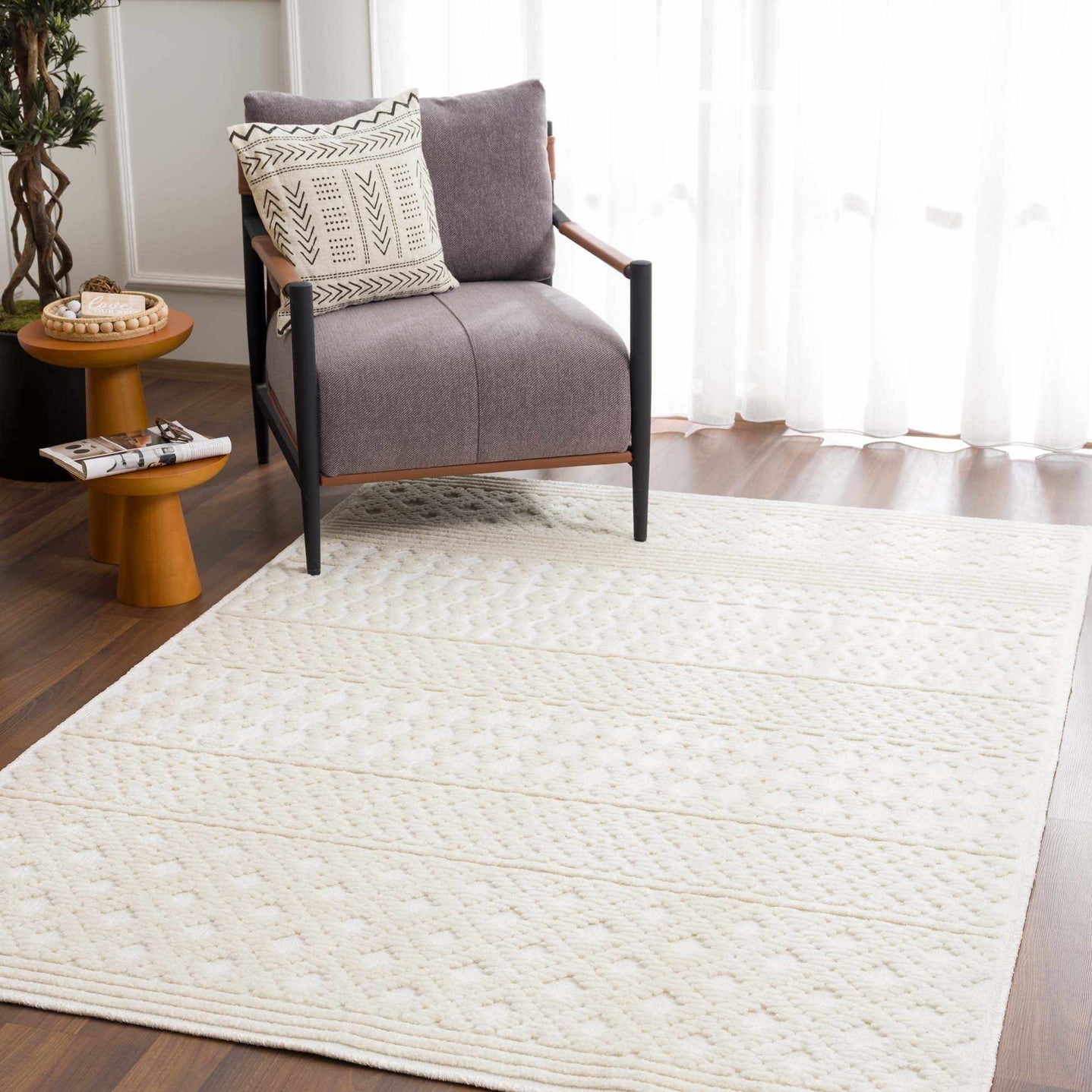 Ivory Texture Tribal Trellis Washable High Low Pile Area Rug - The Rug Decor