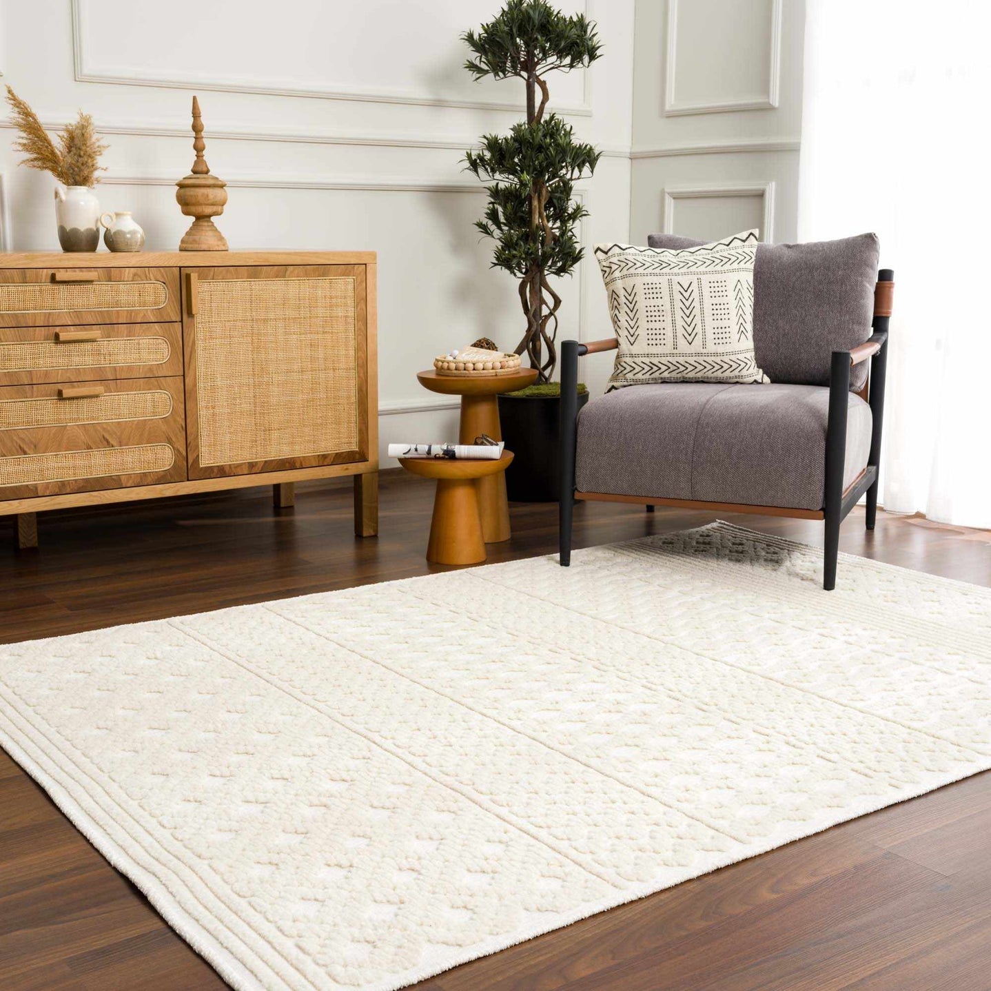 Ivory Texture Tribal Trellis Washable High Low Pile Area Rug - The Rug Decor