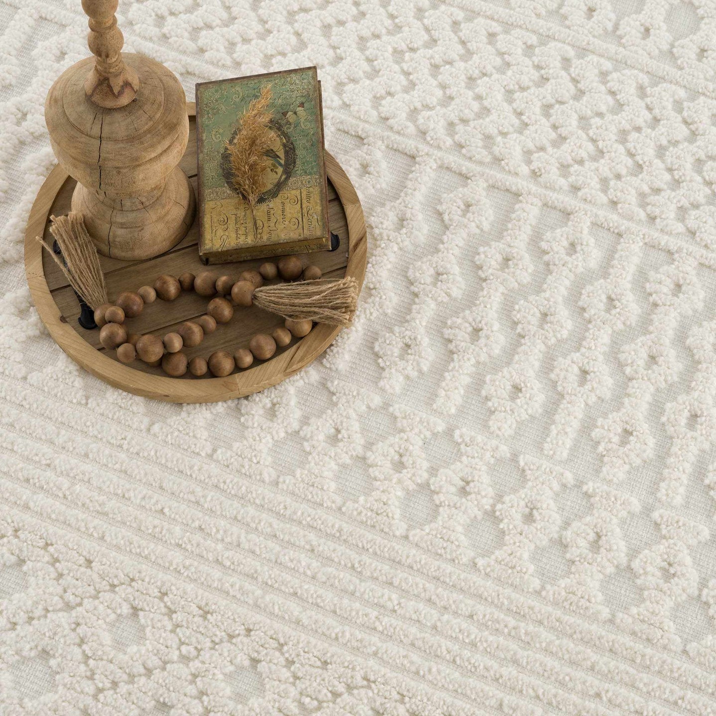 Ivory Texture Tribal Trellis Washable High Low Pile Area Rug - The Rug Decor