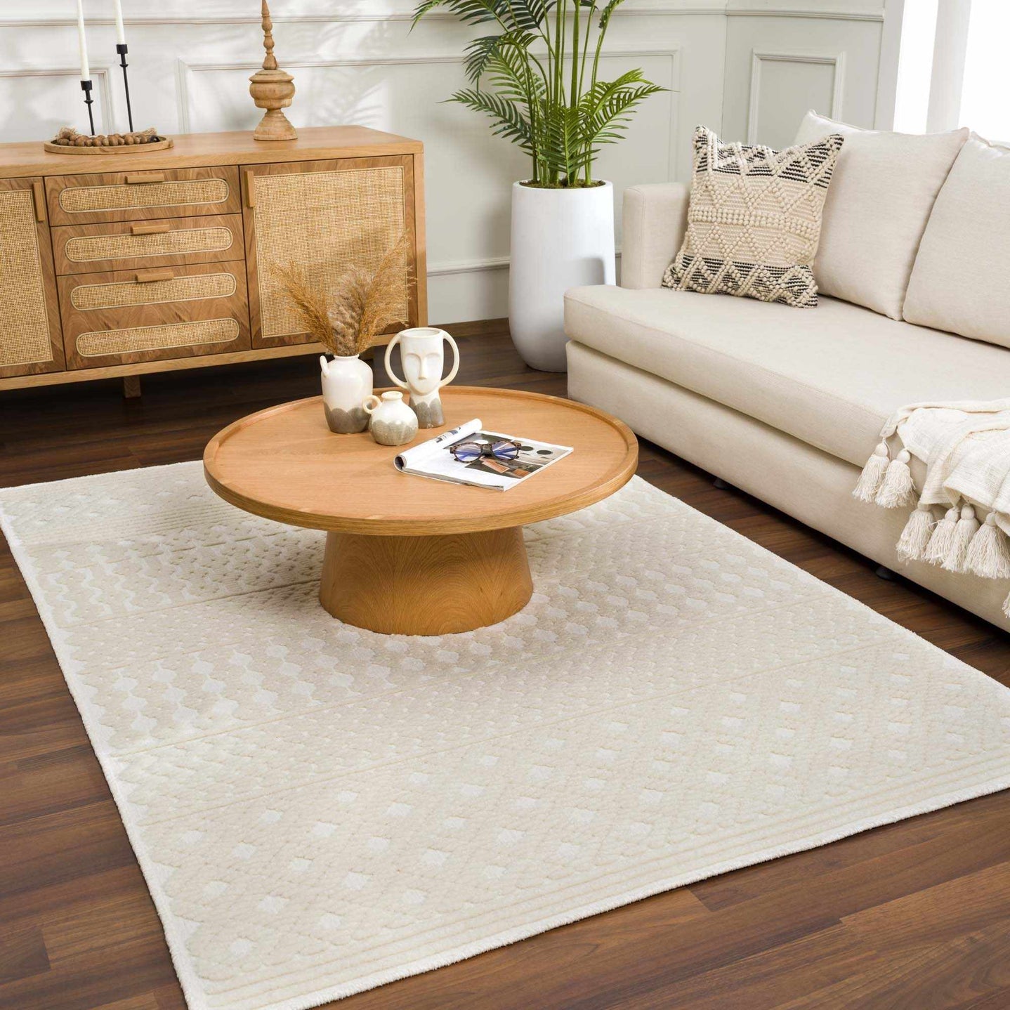Ivory Texture Tribal Trellis Washable High Low Pile Area Rug - The Rug Decor