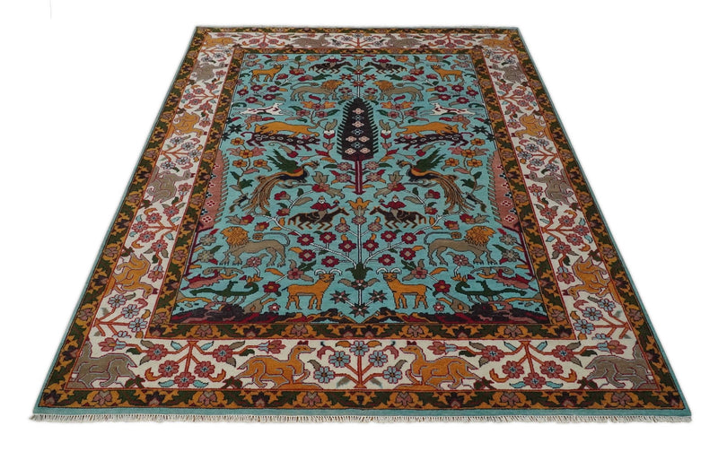 Jungle Animal Tree of Life 9x12 Hand Knotted Blue, Gold and Ivory Traditional Vintage Persian Style Antique Wool Rug | TRDCP843912 - The Rug Decor