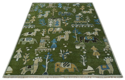 Kids Jungle Life Animal and Tree Hand knotted Tribal Art Green, Blue and Beige 8x10 wool Area Rug - The Rug Decor