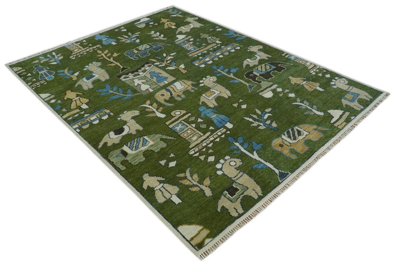 Kids Jungle Life Animal and Tree Hand knotted Tribal Art Green, Blue and Beige 8x10 wool Area Rug - The Rug Decor