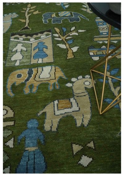 Kids Jungle Life Animal and Tree Hand knotted Tribal Art Green, Blue and Beige 8x10 wool Area Rug - The Rug Decor