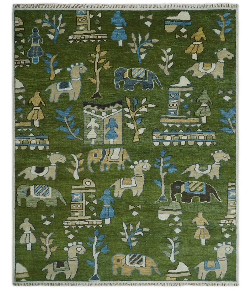 Kids Jungle Life Animal and Tree Hand knotted Tribal Art Green, Blue and Beige 8x10 wool Area Rug - The Rug Decor