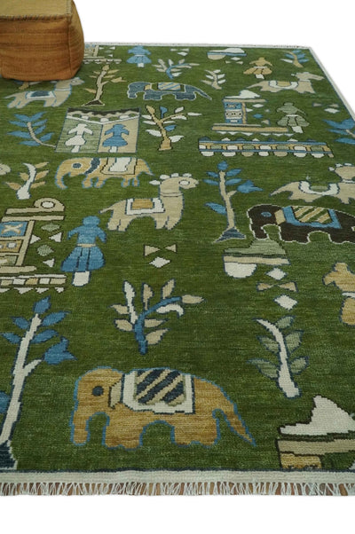 Kids Jungle Life Animal and Tree Hand knotted Tribal Art Green, Blue and Beige 8x10 wool Area Rug - The Rug Decor