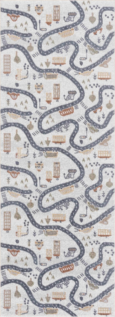 Kids Road Map Design Ivory, Charcoal and Peach Easy Machine Washable Rug - The Rug Decor