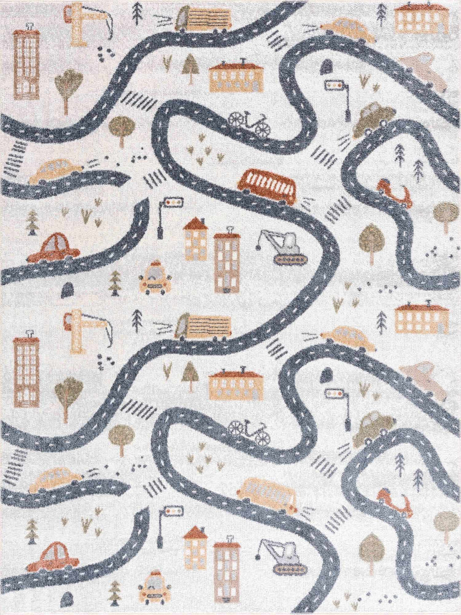 Kids Road Map Design Ivory, Charcoal and Peach Easy Machine Washable Rug - The Rug Decor