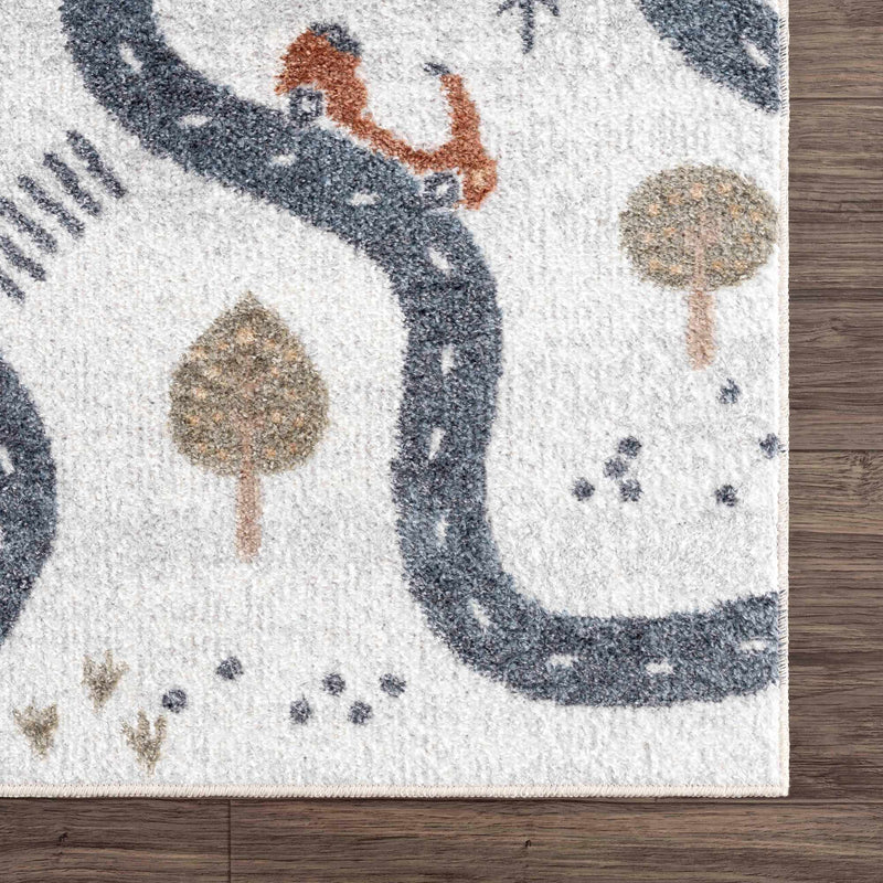 Kids Road Map Design Ivory, Charcoal and Peach Easy Machine Washable Rug - The Rug Decor