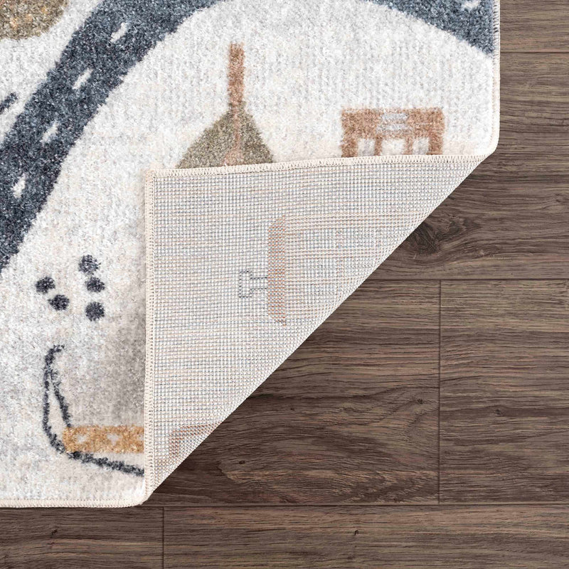 Kids Road Map Design Ivory, Charcoal and Peach Easy Machine Washable Rug - The Rug Decor