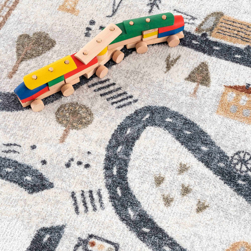 Kids Road Map Design Ivory, Charcoal and Peach Easy Machine Washable Rug - The Rug Decor