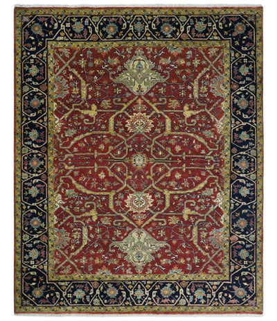Large 8x10 and 9x12 Fine Hand Knotted Blue and Rust Traditional Vintage Persian Style Mahal Antique Wool Rug | TRDCP443B - The Rug Decor