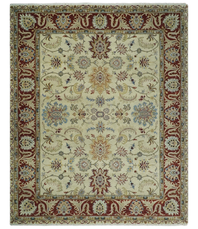 Large 8x10 and 9x12 Fine Hand Knotted Ivory and Rust Traditional Vintage Persian Style Mahal Antique Wool Rug | TRDCP450 - The Rug Decor