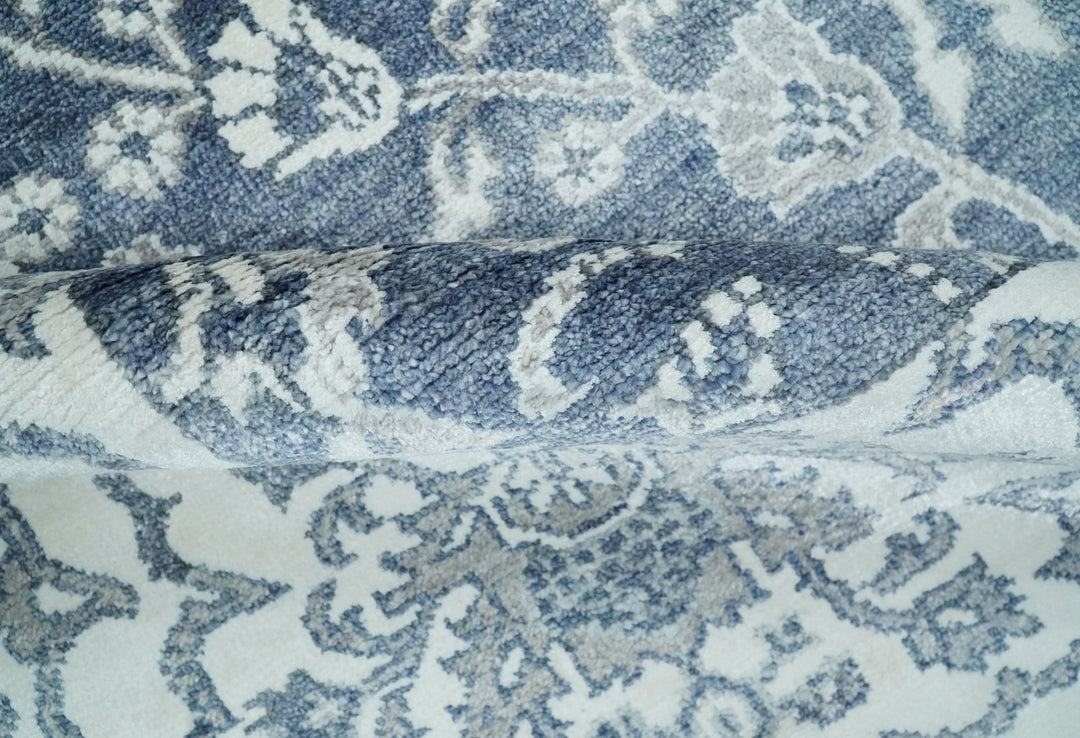 Large 8x10 Fine Hand Knotted Blue and Ivory Traditional Vintage Persian Style Antique Bamboo Silk Rug | TRDCP513810 - The Rug Decor