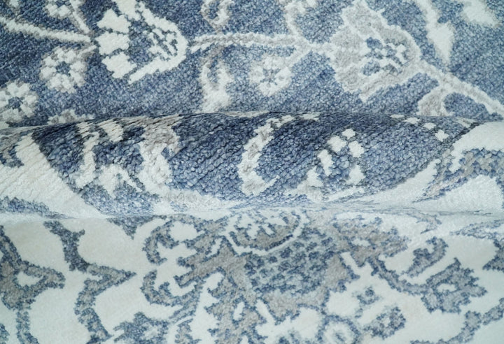 Large 8x10 Fine Hand Knotted Blue and Ivory Traditional Vintage Persian Style Antique Bamboo Silk Rug | TRDCP513810 - The Rug Decor