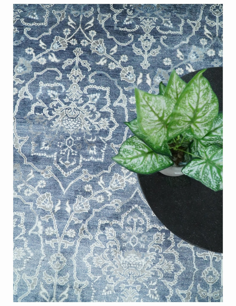 Large 8x10 Fine Hand Knotted Blue and Ivory Traditional Vintage Persian Style Antique Bamboo Silk Rug | TRDCP513810 - The Rug Decor