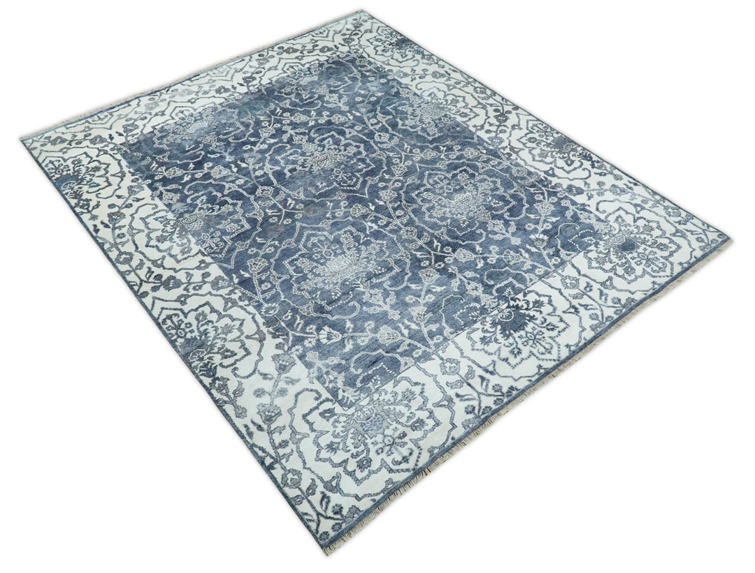 Large 8x10 Fine Hand Knotted Blue and Ivory Traditional Vintage Persian Style Antique Bamboo Silk Rug | TRDCP513810 - The Rug Decor