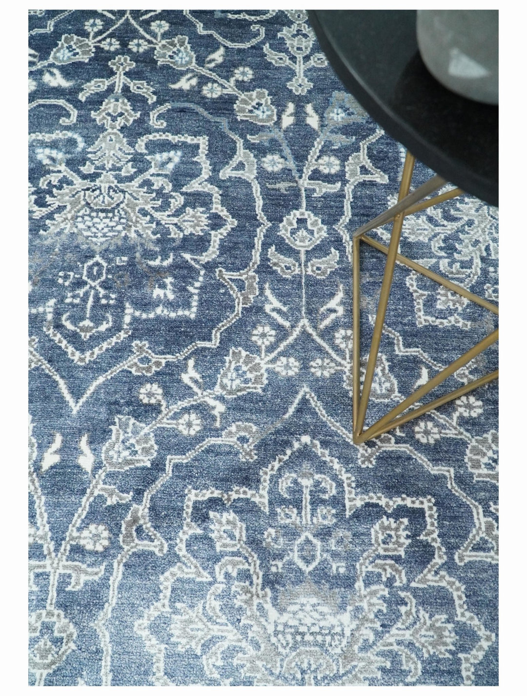 Large 8x10 Fine Hand Knotted Blue and Ivory Traditional Vintage Persian Style Antique Bamboo Silk Rug | TRDCP513810 - The Rug Decor