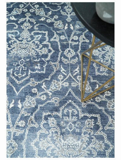 Large 8x10 Fine Hand Knotted Blue and Ivory Traditional Vintage Persian Style Antique Bamboo Silk Rug | TRDCP513810 - The Rug Decor
