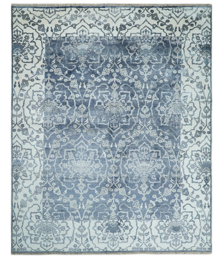 Large 8x10 Fine Hand Knotted Blue and Ivory Traditional Vintage Persian Style Antique Bamboo Silk Rug | TRDCP513810 - The Rug Decor