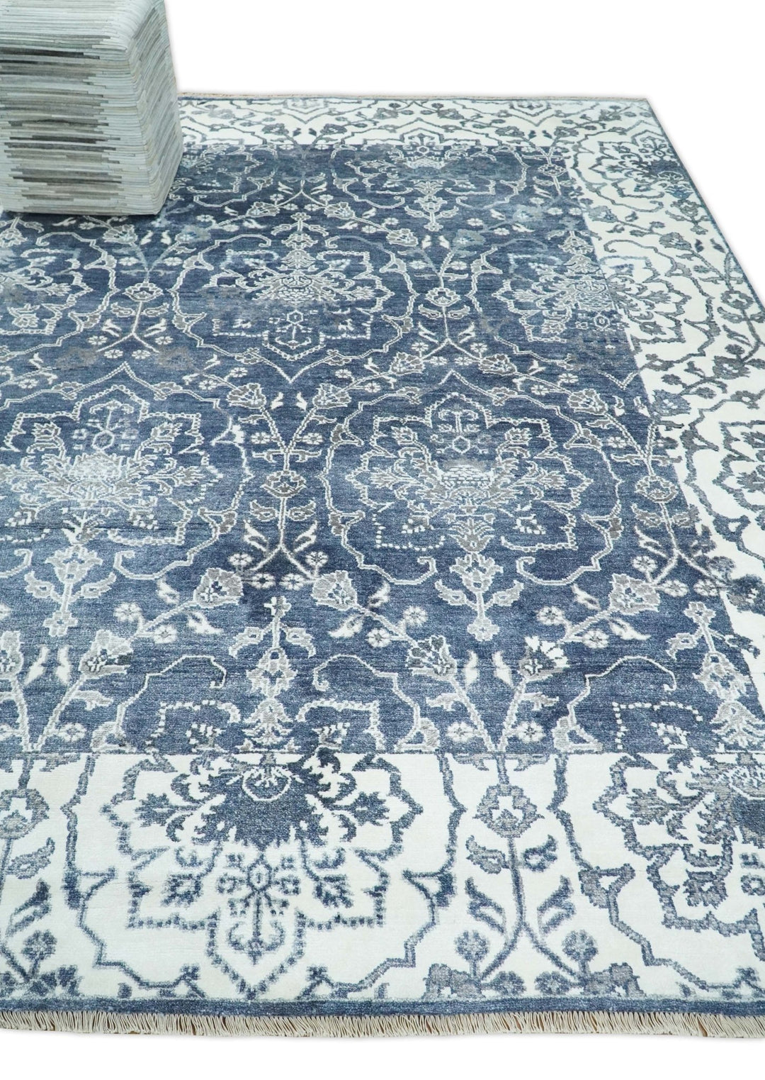 Large 8x10 Fine Hand Knotted Blue and Ivory Traditional Vintage Persian Style Antique Bamboo Silk Rug | TRDCP513810 - The Rug Decor