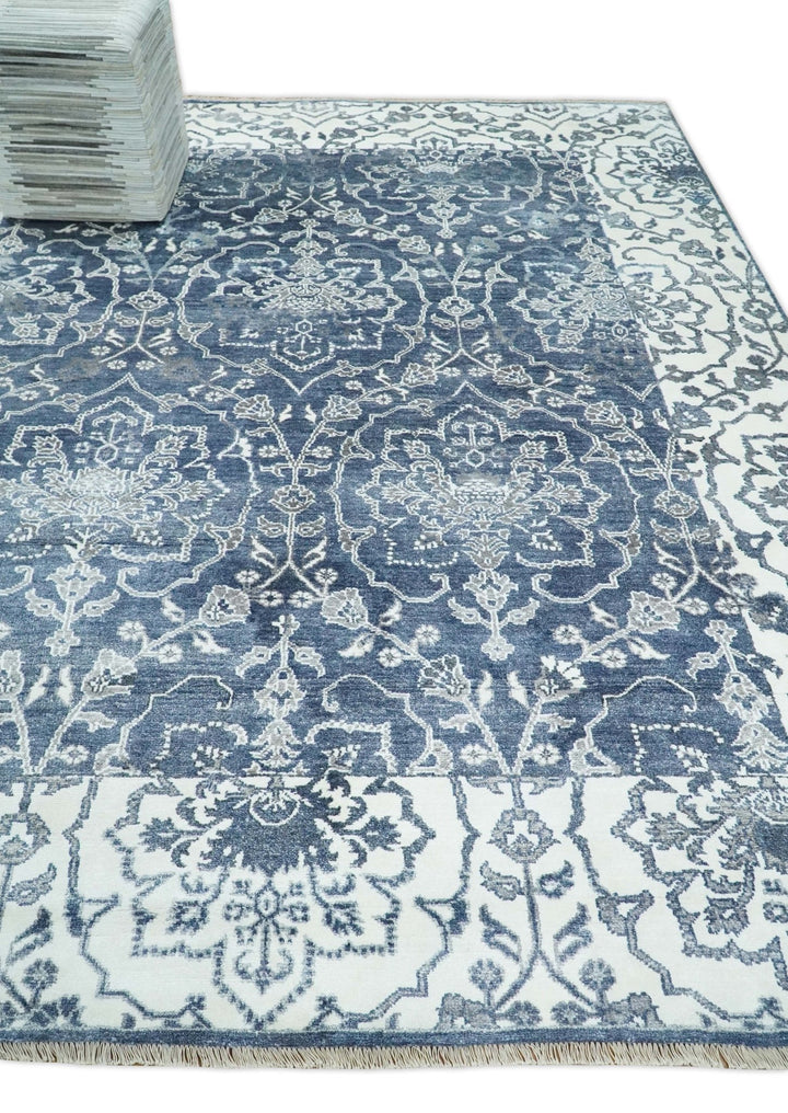 Large 8x10 Fine Hand Knotted Blue and Ivory Traditional Vintage Persian Style Antique Bamboo Silk Rug | TRDCP513810 - The Rug Decor