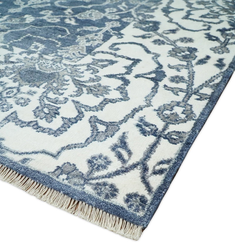 Large 8x10 Fine Hand Knotted Blue and Ivory Traditional Vintage Persian Style Antique Bamboo Silk Rug | TRDCP513810 - The Rug Decor