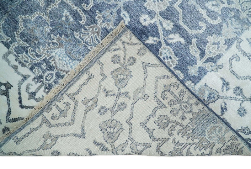 Large 8x10 Fine Hand Knotted Blue and Ivory Traditional Vintage Persian Style Antique Bamboo Silk Rug | TRDCP513810 - The Rug Decor