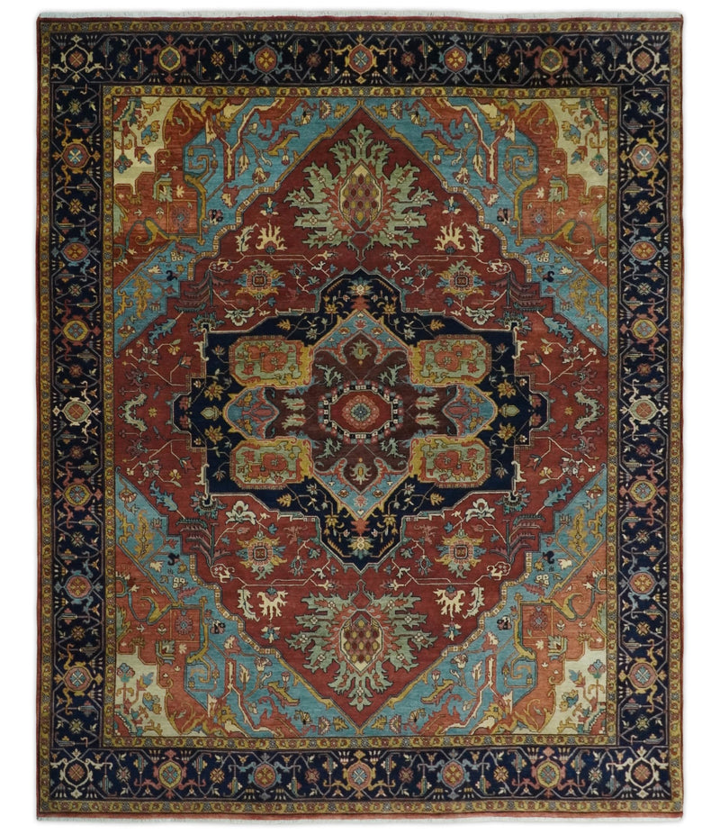 Large 8x10 Fine Hand Knotted Blue and Red Traditional Vintage Heriz Serapi Antique Wool Rug | TRDCP454810 - The Rug Decor