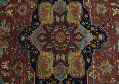 Large 8x10 Fine Hand Knotted Blue and Red Traditional Vintage Heriz Serapi Antique Wool Rug | TRDCP454810 - The Rug Decor