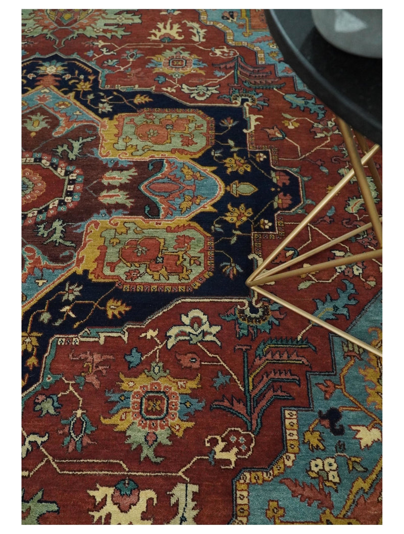 Large 8x10 Fine Hand Knotted Blue and Red Traditional Vintage Heriz Serapi Antique Wool Rug | TRDCP454810 - The Rug Decor