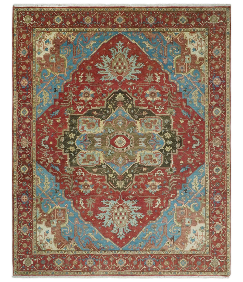 Large 8x10 Fine Hand Knotted Blue and Rust Traditional Vintage Heriz Serapi Antique Wool Rug | TRDCP455810 - The Rug Decor