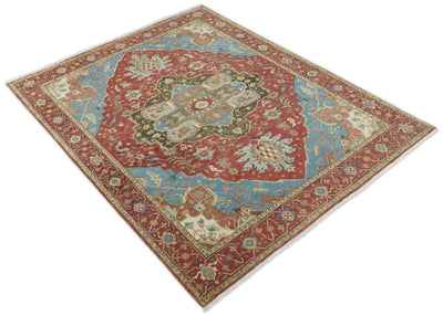 Large 8x10 Fine Hand Knotted Blue and Rust Traditional Vintage Heriz Serapi Antique Wool Rug | TRDCP455810 - The Rug Decor