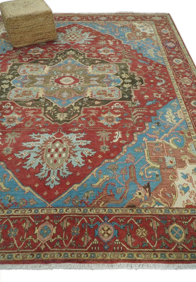 Large 8x10 Fine Hand Knotted Blue and Rust Traditional Vintage Heriz Serapi Antique Wool Rug | TRDCP455810 - The Rug Decor