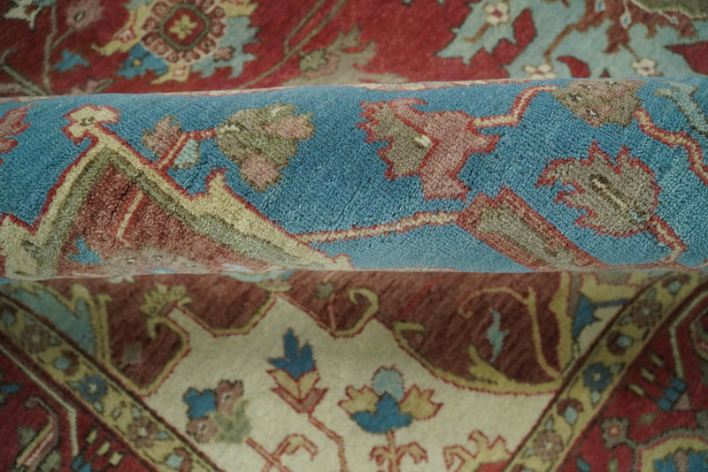 Large 8x10 Fine Hand Knotted Blue and Rust Traditional Vintage Heriz Serapi Antique Wool Rug | TRDCP455810 - The Rug Decor