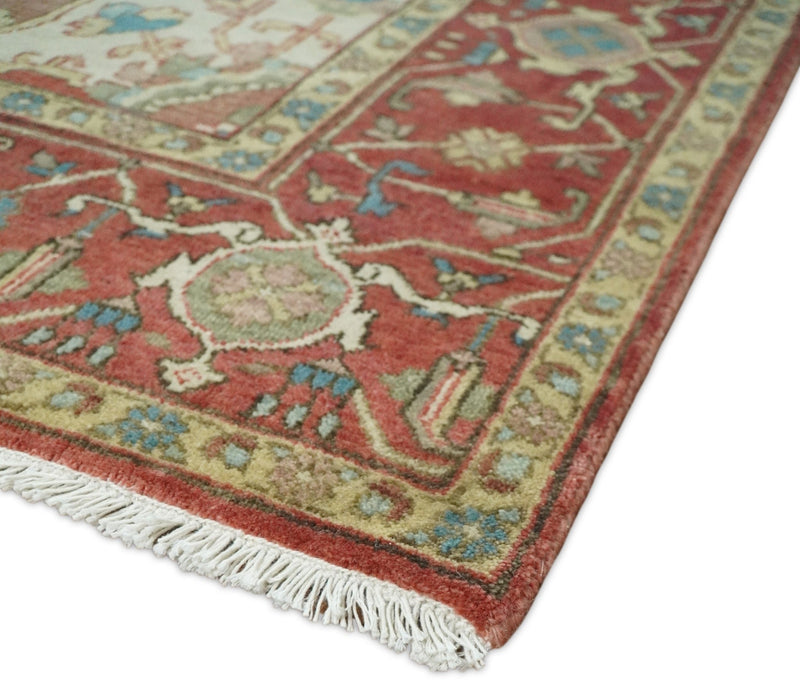 Large 8x10 Fine Hand Knotted Blue and Rust Traditional Vintage Heriz Serapi Antique Wool Rug | TRDCP455810 - The Rug Decor