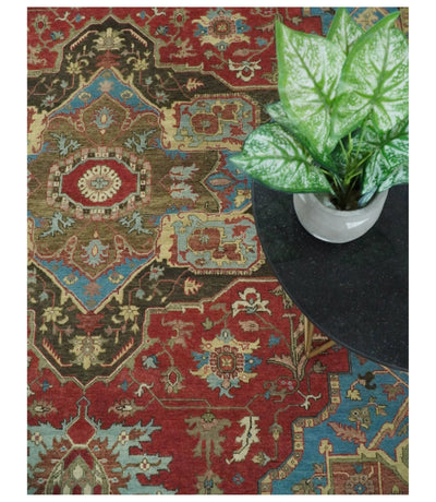Large 8x10 Fine Hand Knotted Blue and Rust Traditional Vintage Heriz Serapi Antique Wool Rug | TRDCP455810 - The Rug Decor