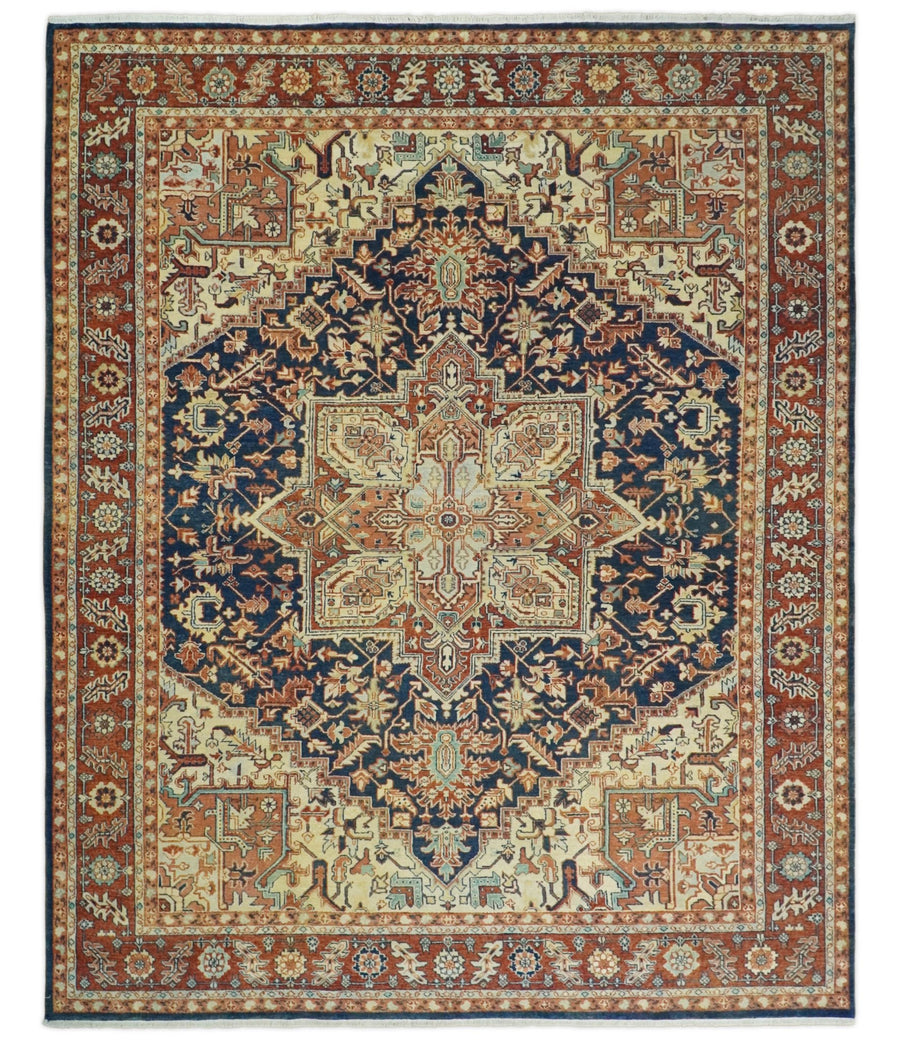 Large 8x10 Fine Hand Knotted Blue and Rust Traditional Vintage Heriz Serapi Antique Wool Rug | TRDCP457810 - The Rug Decor
