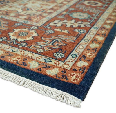 Large 8x10 Fine Hand Knotted Blue and Rust Traditional Vintage Heriz Serapi Antique Wool Rug | TRDCP457810 - The Rug Decor