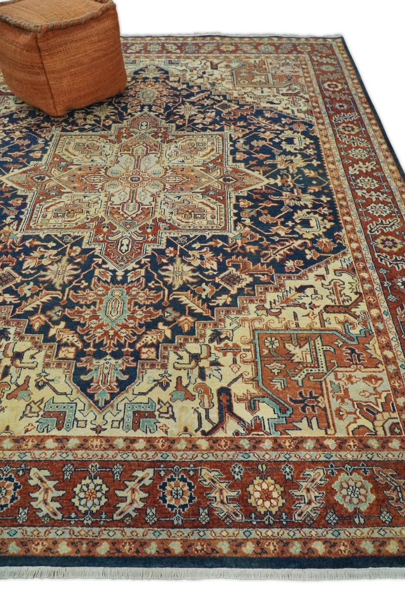 Large 8x10 Fine Hand Knotted Blue and Rust Traditional Vintage Heriz Serapi Antique Wool Rug | TRDCP457810 - The Rug Decor